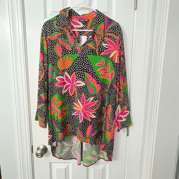 Boho Chic XL Tunic Top – Bold Floral Polka Dot Print, 3/4 Sleeve, Rayon - Picture 1 of 8